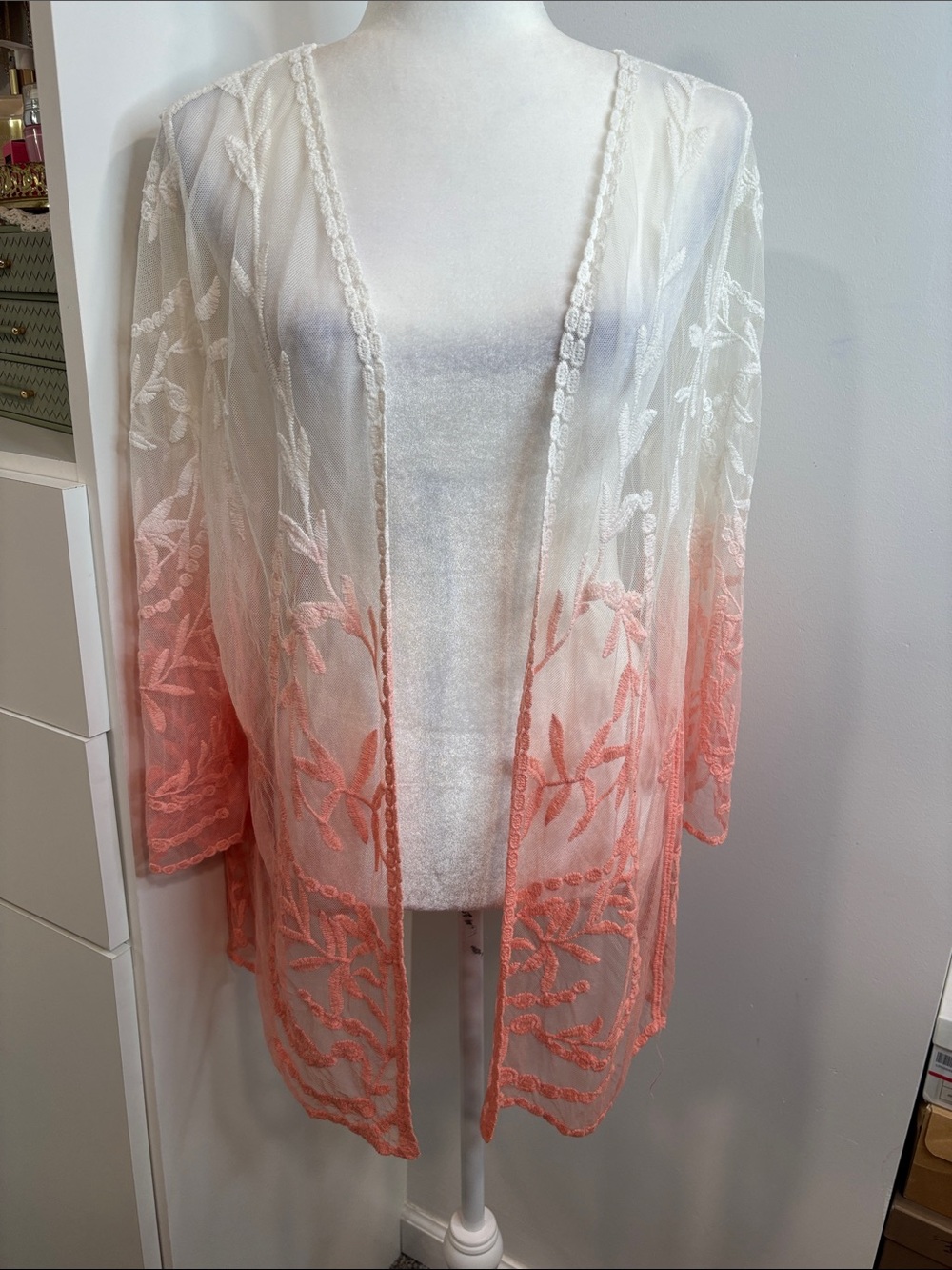 Nina Leonard White to Coral Ombre Sheer Embroidered Kimono
